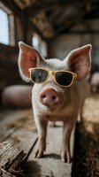 Pig wearing yellow sunglasses standing in rustic barn setting, humorous farm animal portrait for advertising, greeting cards, social media content, and entertainment purposes.