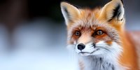 Close up portrait of red fox with bright blue eyes against blurred winter background, showing detailed facial features and fur texture in natural environment.