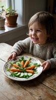 Happy young child enjoying healthy vegetable snack with carrots and cucumbers on decorative plate in cozy kitchen setting with natural window light.