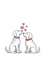 Two adorable dogs sitting together with floating hearts above them on white background, isolated for romantic greeting cards and pet love designs.