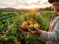 Farmer holding freshly harvested heirloom tomatoes in vegetable garden at sunset, showcasing organic produce and sustainable agriculture for farming and food industry use.