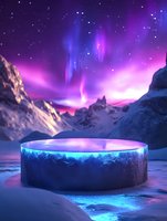 Mystical glowing portal in snowy mountains under purple aurora borealis sky with stars, creating magical atmosphere with neon blue light effects.