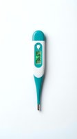 Digital thermometer with turquoise and white design displaying 36.5 degrees on LCD screen, isolated on white background for healthcare and medical applications.