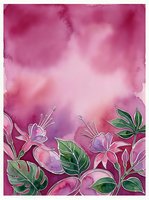 Watercolor floral background with pink tropical flowers and green leaves on magenta wash, copy space for greeting cards and invitations.