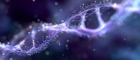 Glowing DNA strand with purple and blue light effects on dark background, genetic research concept visualization with bokeh particles and energy waves.
