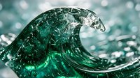 Emerald green glass wave sculpture with intricate crystalline texture catching light, creating dynamic water-like motion for luxury decor and artistic displays.