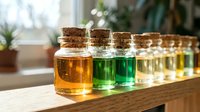Assorted essential oils and aromatherapy liquids in glass bottles with cork stoppers arranged in a row on wooden surface for wellness and spa applications.