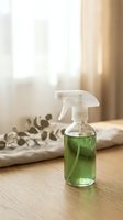 Green eco-friendly cleaning spray bottle on wooden surface with eucalyptus branch in soft natural light for sustainable household cleaning products.