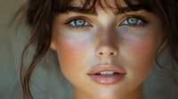 Close up portrait of young woman with bright blue eyes, freckles, and natural makeup showing glowing skin and soft brown hair. For beauty and cosmetic advertising.