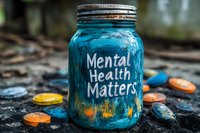 Blue painted mason jar with inspirational mental health message and decorative elements on dark textured surface, surrounded by orange painted stones.