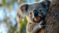 Adorable koala bear clings to eucalyptus tree trunk in natural habitat, showing curious expression with bright eyes and distinctive nose against blurred foliage background.