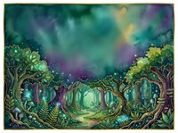 Enchanted forest landscape with ancient twisted trees, glowing magical lights, and mystical atmosphere in shades of green, purple, and gold. Fantasy woodland scene for book illustrations, game art, and creative projects.