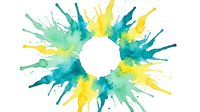 Vibrant watercolor paint splashes in teal, yellow, and green radiating from white center circle on transparent background, isolated design element for graphic projects.