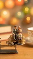 Miniature elderly couple figurines sitting on golden coins stack representing retirement savings and financial planning for senior years with warm bokeh background.