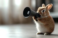 Cute brown bunny rabbit holding megaphone making announcement, funny pet concept on blurred background. Digital art rendering shows adorable animal communication.