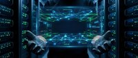 Hands presenting holographic network connections in modern data center server room with glowing blue digital technology visualization for business presentations.