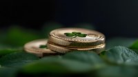 Golden wedding rings nestled among fresh green leaves, captured in soft focus with artistic bokeh effect, symbolizing love, nature, and commitment in marriage ceremonies.