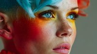 Young woman with vibrant blue hair and striking blue eyes in dramatic colorful lighting for fashion and beauty concepts.