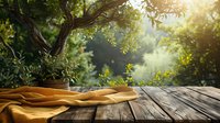 Rustic wooden table with golden fabric in garden setting, perfect for product display. Natural sunlight streaming through green leaves creates magical atmosphere for background design.