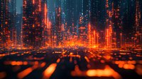 Futuristic digital cityscape with glowing orange light streams and reflections against dark background creates dynamic cyberpunk atmosphere for technology concepts.