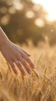 Hand gently touching golden wheat field at sunset with warm bokeh light creating peaceful agricultural moment for farming and harvest concepts.
