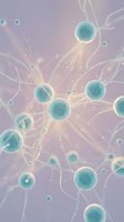 Abstract neural network with glowing turquoise nodes and connecting pathways on soft purple gradient background for technology and science concepts.