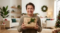 Happy middle-aged Caucasian man holding wrapped Christmas gift with natural decorations in cozy festive living room during holiday season.