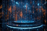 Futuristic digital stage with glowing blue and orange matrix rain effect, circular platform illuminated with neon lights against dark background for tech presentations.