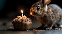 Curious brown bunny rabbit sniffing birthday cupcake with lit candle against dark background. Adorable pet celebration moment captured in warm lighting.