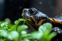 Red-eared slider turtle close-up eating fresh green plant leaf. Macro photography of aquatic pet reptile showing detailed texture of wet head and shell.