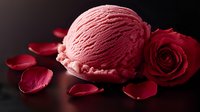 Pink strawberry ice cream scoop with fresh red rose and scattered petals on dark background, romantic dessert composition for Valentine's Day menus.