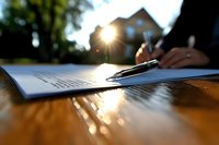 Signing legal document with fountain pen at sunset, dramatic lighting creates lens flare and bokeh effect on wooden table surface. Business agreement concept.