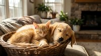 Orange tabby kitten and golden retriever puppy sleeping together in wicker basket by sunny window in cozy living room with fireplace and plants.