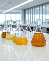 Laboratory glassware with orange and yellow liquid samples arranged in row on white counter in modern research facility with bright windows.