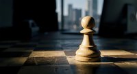 Wooden chess pawn standing alone on chessboard with dramatic lighting and blurred city skyline background symbolizing strategy and leadership in business.