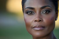 Close-up portrait of confident African American woman with natural makeup and warm lighting showcasing professional beauty and elegance for lifestyle content.