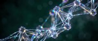 Abstract molecular structure with glowing nodes and connecting lines on dark background for scientific research and biotechnology presentations.