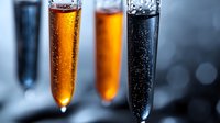 Elegant champagne flutes filled with sparkling drinks in amber, orange and dark colors against blurred background with bokeh lights, close up view of bubbling beverages.
