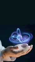 Businessman hand holding glowing musical note with swirling light effects on dark background for creative music technology and digital innovation concepts.