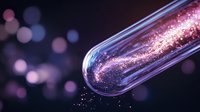 Glowing pink and purple particles swirling inside glass test tube against dark background with bokeh lights, scientific research concept for laboratory studies.