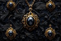 Ornate gold jewelry with black gemstones on dark baroque scrollwork background for luxury fashion and elegant accessory designs.