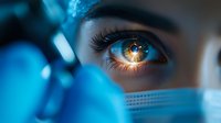 Close-up view of medical professional's amber-colored eye with protective face mask in blue tinted lighting, showing determination and focus during procedure.