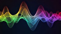 Colorful sound wave visualization with flowing rainbow gradient lines creating dynamic audio frequency pattern on dark background for music technology.