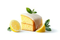 Slice of moist lemon cake with white glaze frosting, decorated with fresh citrus wedges and green leaves on white background, isolated food photography.