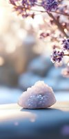 Pink rose quartz crystal beneath blooming cherry blossom branch creates serene spring atmosphere with soft natural lighting and dreamy bokeh background.