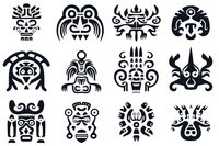 Ancient tribal masks and totems collection in black silhouette style. Traditional ethnic symbols and mystical creatures for decorative art and pattern design.