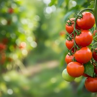 Fresh ripe red tomatoes growing on vine in organic garden with blurred green background for healthy eating and agriculture concepts.