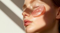Pink hydrogel under-eye patches on young caucasian woman's face with natural makeup in soft sunlight and shadows, demonstrating skincare and beauty treatment.