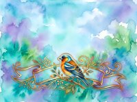 Colorful watercolor background with ornate golden flourishes and a decorative bird perched on an elaborate branch, suitable for greeting cards and artistic designs.