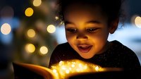 Young African American girl reading magical glowing book with warm light illuminating her face against bokeh Christmas lights background for storytelling concepts.